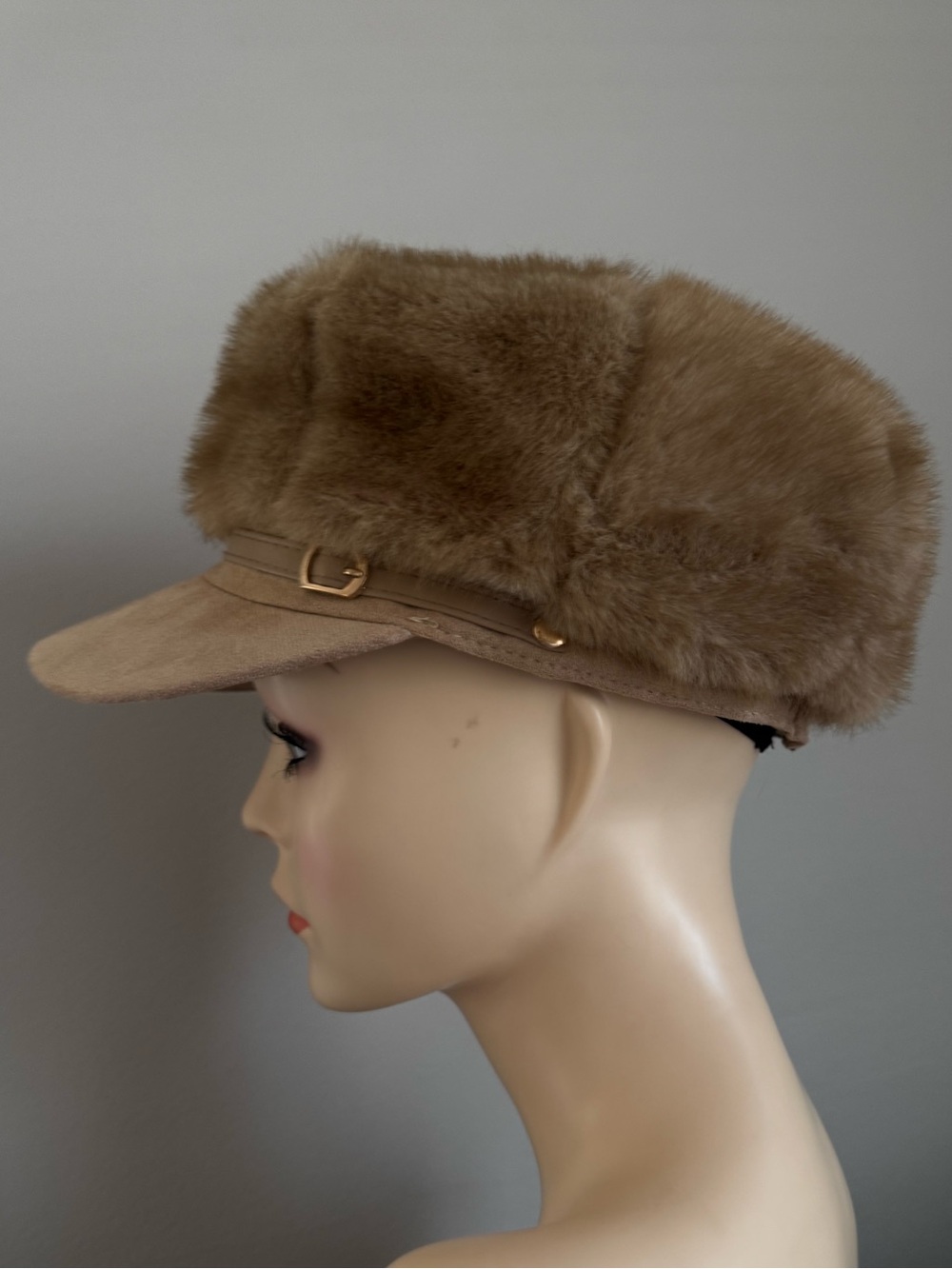 Faux fur hat tan beige cream  with gold buckle furry chic cap faux suede brim